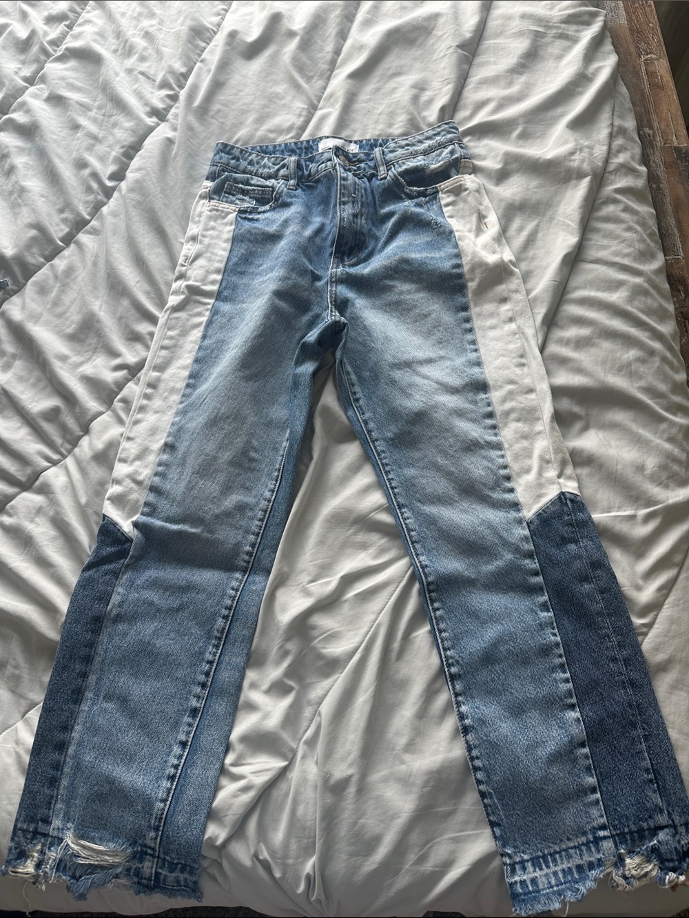 Women's Two-Tone Blue and White Panel Straight-Leg Jeans